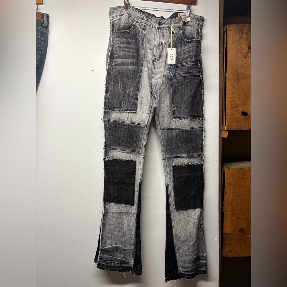 Men's Black and Gray Patchwork Stack Jeans NWT - image 1